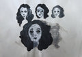 Etude sur papier / Acrylique Noir et Blanc "4 portraits"